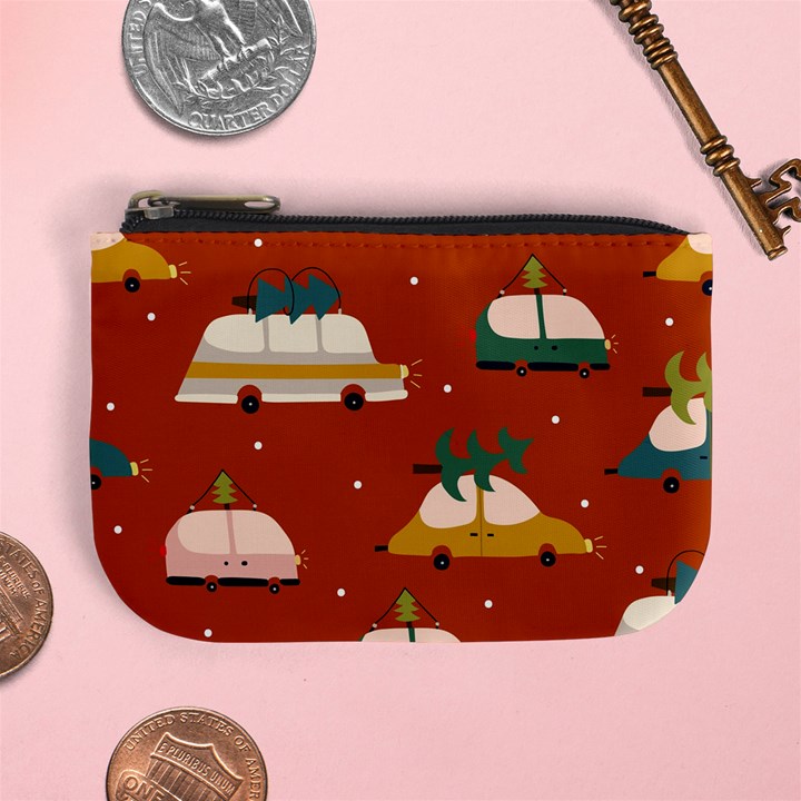 Cute Merry Christmas And Happy New Seamless Pattern With Cars Carrying Christmas Trees Mini Coin Purse