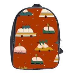 Cute Merry Christmas And Happy New Seamless Pattern With Cars Carrying Christmas Trees School Bag (large) by EvgeniiaBychkova