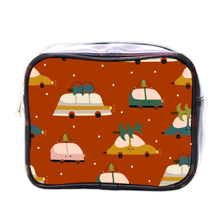 Cute Merry Christmas And Happy New Seamless Pattern With Cars Carrying Christmas Trees Mini Toiletries Bag (One Side)