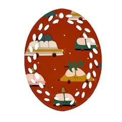 Cute Merry Christmas And Happy New Seamless Pattern With Cars Carrying Christmas Trees Ornament (oval Filigree) by EvgeniiaBychkova