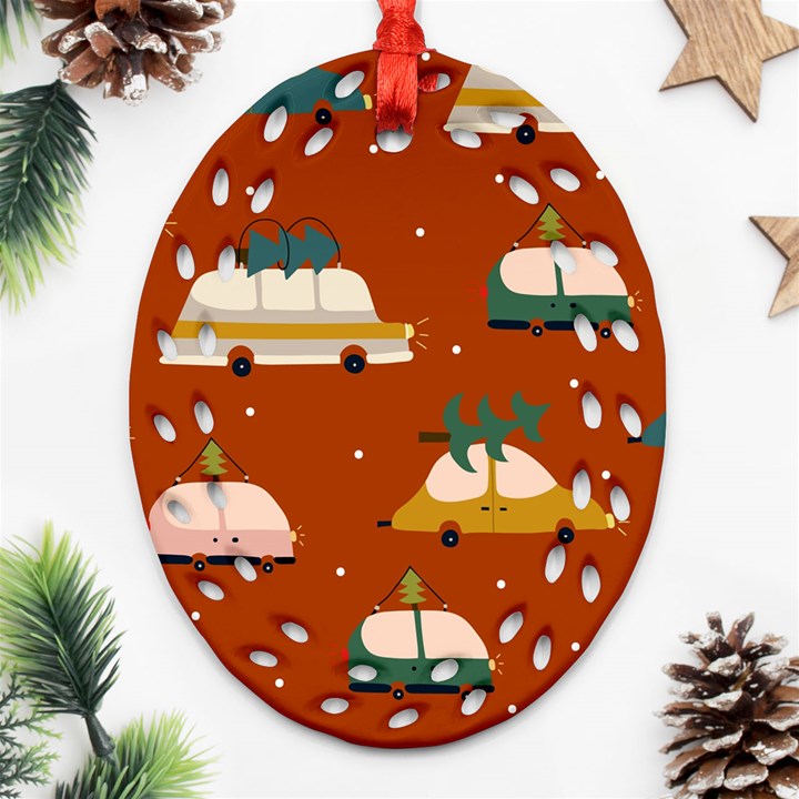 Cute Merry Christmas And Happy New Seamless Pattern With Cars Carrying Christmas Trees Oval Filigree Ornament (Two Sides)