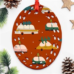 Cute Merry Christmas And Happy New Seamless Pattern With Cars Carrying Christmas Trees Oval Filigree Ornament (two Sides) by EvgeniiaBychkova