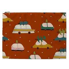 Cute Merry Christmas And Happy New Seamless Pattern With Cars Carrying Christmas Trees Cosmetic Bag (xxl) by EvgeniiaBychkova