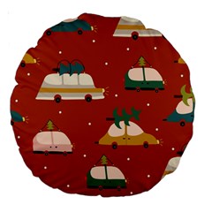 Cute Merry Christmas And Happy New Seamless Pattern With Cars Carrying Christmas Trees Large 18  Premium Round Cushions by EvgeniiaBychkova