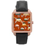 Cute Merry Christmas And Happy New Seamless Pattern With Cars Carrying Christmas Trees Rose Gold Leather Watch  Front