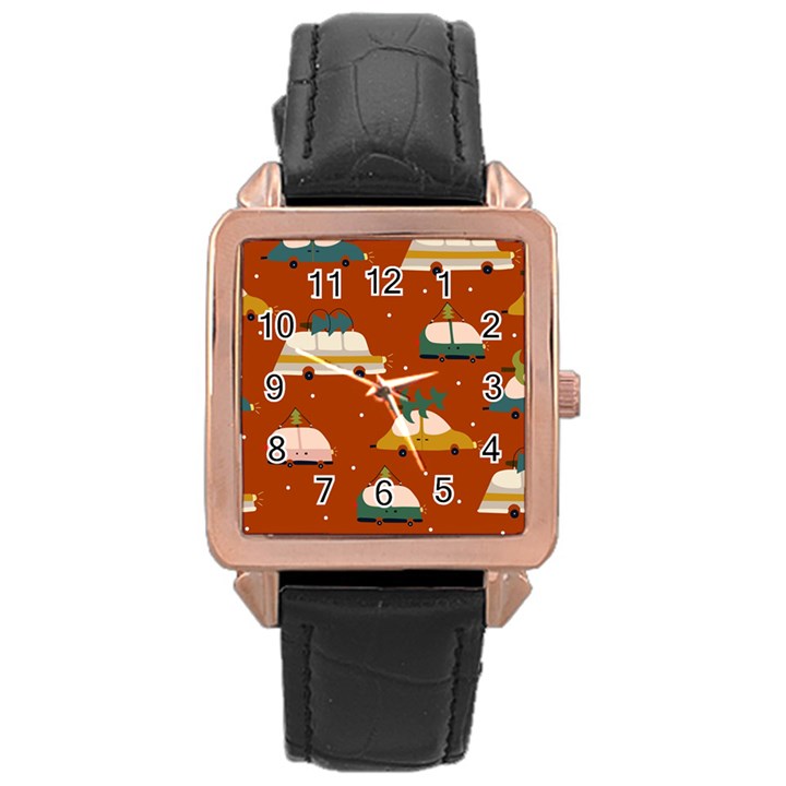 Cute Merry Christmas And Happy New Seamless Pattern With Cars Carrying Christmas Trees Rose Gold Leather Watch 