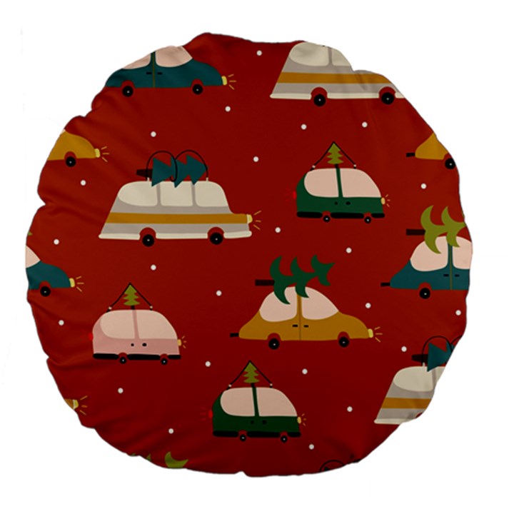 Cute Merry Christmas And Happy New Seamless Pattern With Cars Carrying Christmas Trees Large 18  Premium Flano Round Cushions