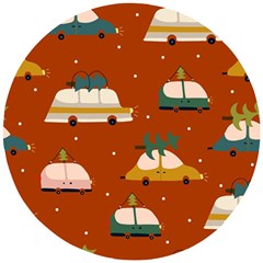 Cute Merry Christmas And Happy New Seamless Pattern With Cars Carrying Christmas Trees Wooden Puzzle Round by EvgeniiaBychkova