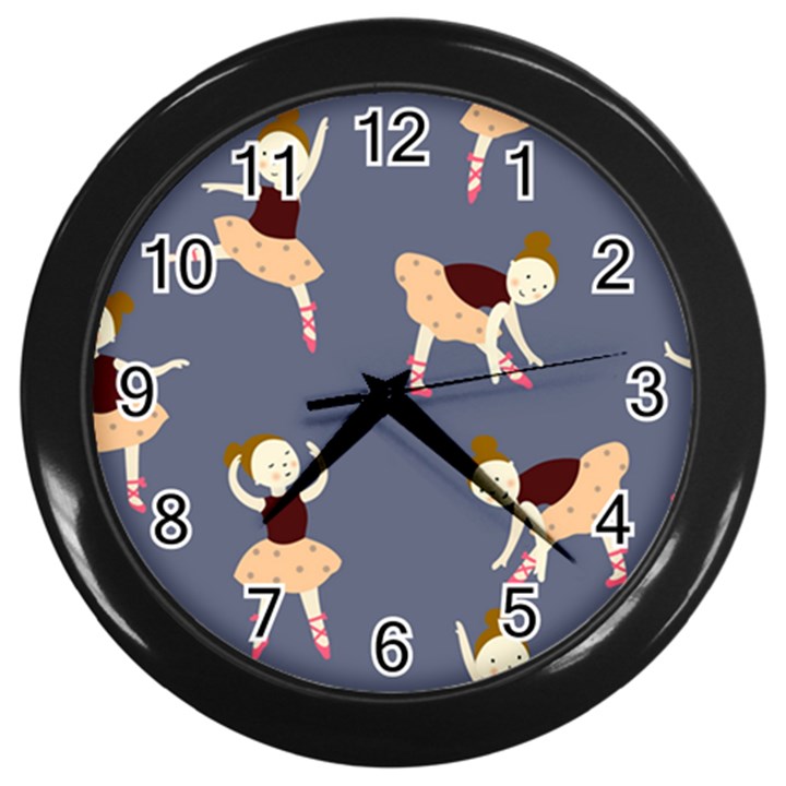 Cute  Pattern With  Dancing Ballerinas On The Blue Background Wall Clock (Black)