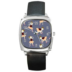 Cute  Pattern With  Dancing Ballerinas On The Blue Background Square Metal Watch