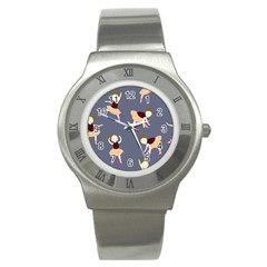 Cute  Pattern With  Dancing Ballerinas On The Blue Background Stainless Steel Watch by EvgeniiaBychkova