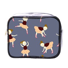 Cute  Pattern With  Dancing Ballerinas On The Blue Background Mini Toiletries Bag (one Side) by EvgeniiaBychkova