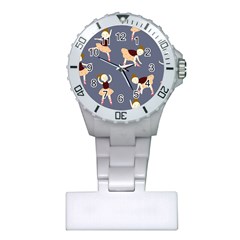 Cute  Pattern With  Dancing Ballerinas On The Blue Background Plastic Nurses Watch by EvgeniiaBychkova