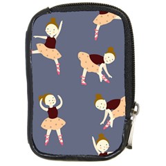 Cute  Pattern With  Dancing Ballerinas On The Blue Background Compact Camera Leather Case by EvgeniiaBychkova