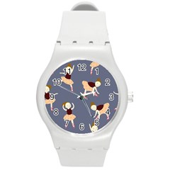 Cute  Pattern With  Dancing Ballerinas On The Blue Background Round Plastic Sport Watch (m) by EvgeniiaBychkova