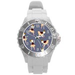 Cute  Pattern With  Dancing Ballerinas On The Blue Background Round Plastic Sport Watch (L) Front