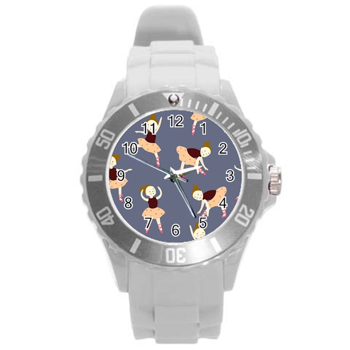 Cute  Pattern With  Dancing Ballerinas On The Blue Background Round Plastic Sport Watch (L)