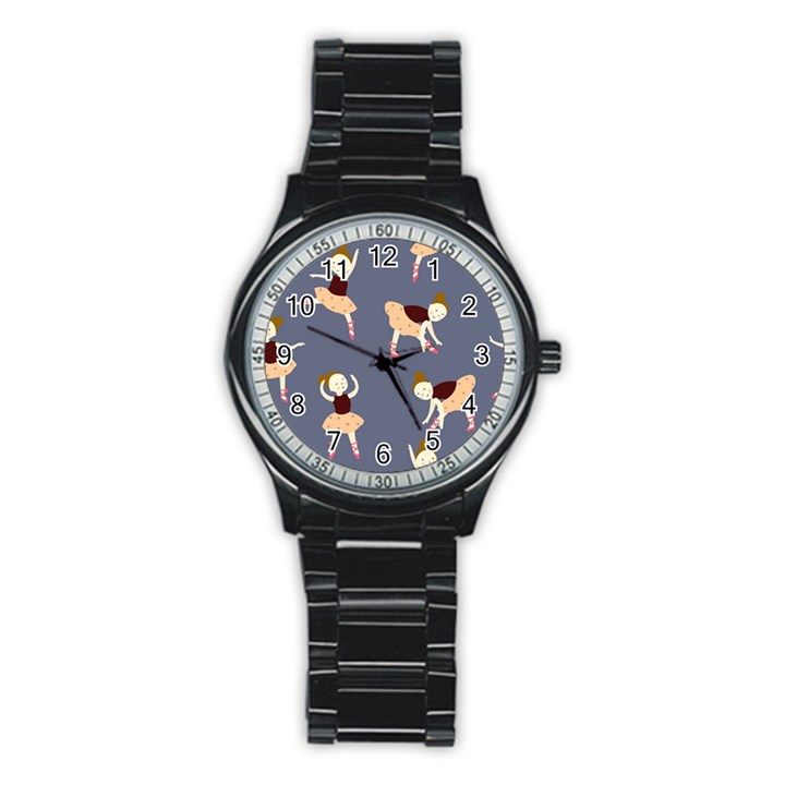 Cute  Pattern With  Dancing Ballerinas On The Blue Background Stainless Steel Round Watch