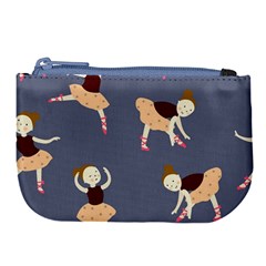 Cute  Pattern With  Dancing Ballerinas On The Blue Background Large Coin Purse by EvgeniiaBychkova