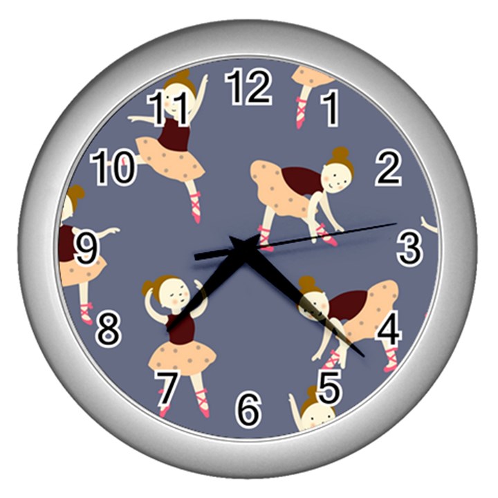 Cute  Pattern With  Dancing Ballerinas On The Blue Background Wall Clock (Silver)