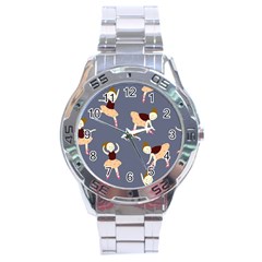 Cute  Pattern With  Dancing Ballerinas On The Blue Background Stainless Steel Analogue Watch by EvgeniiaBychkova