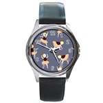 Cute  Pattern With  Dancing Ballerinas On The Blue Background Round Metal Watch Front