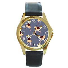 Cute  Pattern With  Dancing Ballerinas On The Blue Background Round Gold Metal Watch by EvgeniiaBychkova