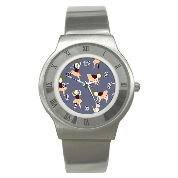 Cute  Pattern With  Dancing Ballerinas On The Blue Background Stainless Steel Watch