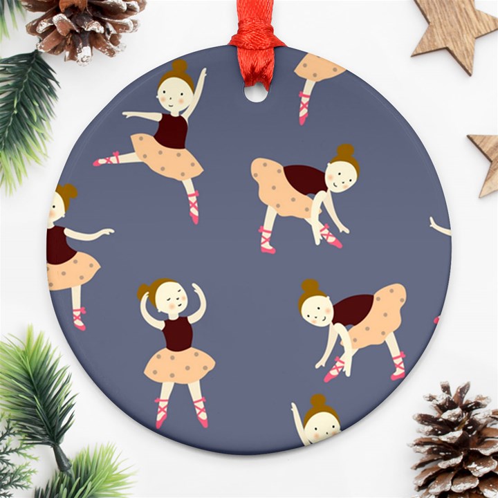 Cute  Pattern With  Dancing Ballerinas On The Blue Background Round Ornament (Two Sides)