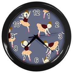 Cute  Pattern With  Dancing Ballerinas On The Blue Background Wall Clock (black) by EvgeniiaBychkova