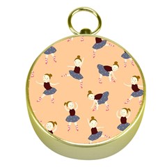 Cute  Pattern With  Dancing Ballerinas On Pink Background Gold Compasses by EvgeniiaBychkova