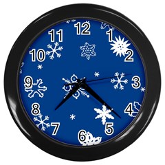 Christmas Seamless Pattern With White Snowflakes On The Blue Background Wall Clock (black) by EvgeniiaBychkova