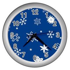 Christmas Seamless Pattern With White Snowflakes On The Blue Background Wall Clock (silver) by EvgeniiaBychkova