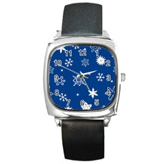 Christmas Seamless Pattern With White Snowflakes On The Blue Background Square Metal Watch by EvgeniiaBychkova