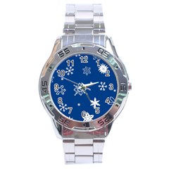 Christmas Seamless Pattern With White Snowflakes On The Blue Background Stainless Steel Analogue Watch by EvgeniiaBychkova