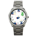 Funny  Winter Seamless Pattern With Little Princess And Her Christmas Sport Metal Watch Front