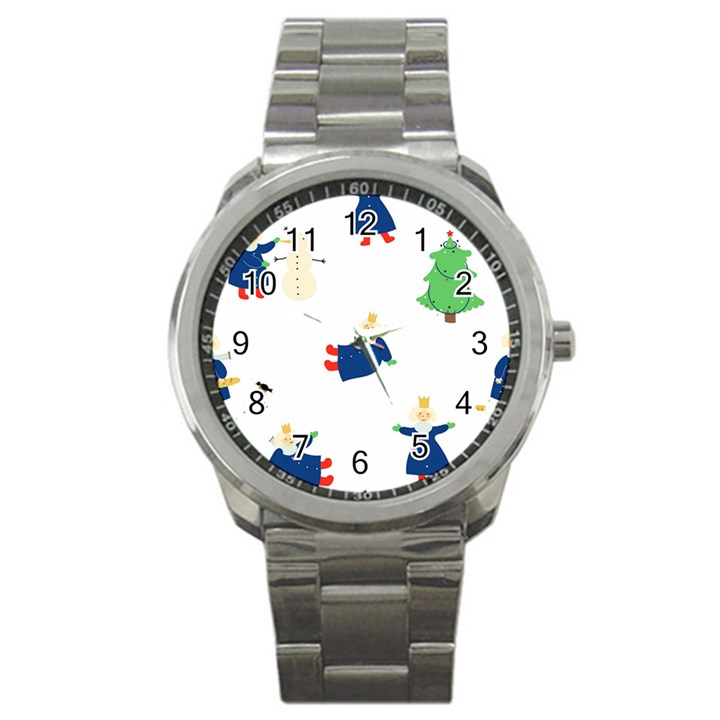 Funny  Winter Seamless Pattern With Little Princess And Her Christmas Sport Metal Watch