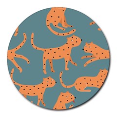 Vector Seamless Pattern With Cute Orange And  Cheetahs On The Blue Background  Tropical Animals Round Mousepads