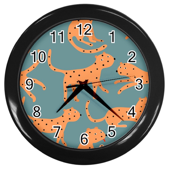 Vector Seamless Pattern With Cute Orange And  Cheetahs On The Blue Background  Tropical Animals Wall Clock (Black)