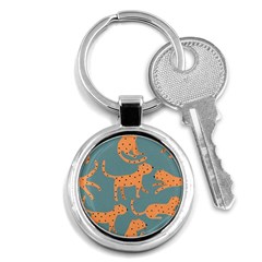 Vector Seamless Pattern With Cute Orange And  Cheetahs On The Blue Background  Tropical Animals Key Chain (round) by EvgeniiaBychkova