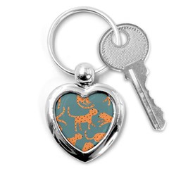 Vector Seamless Pattern With Cute Orange And  Cheetahs On The Blue Background  Tropical Animals Key Chain (heart) by EvgeniiaBychkova