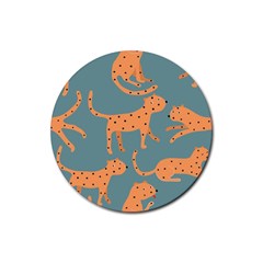 Vector Seamless Pattern With Cute Orange And  Cheetahs On The Blue Background  Tropical Animals Rubber Coaster (round)  by EvgeniiaBychkova