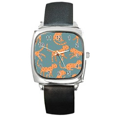 Vector Seamless Pattern With Cute Orange And  Cheetahs On The Blue Background  Tropical Animals Square Metal Watch by EvgeniiaBychkova