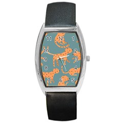 Vector Seamless Pattern With Cute Orange And  Cheetahs On The Blue Background  Tropical Animals Barrel Style Metal Watch by EvgeniiaBychkova