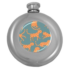 Vector Seamless Pattern With Cute Orange And  Cheetahs On The Blue Background  Tropical Animals Round Hip Flask (5 Oz) by EvgeniiaBychkova