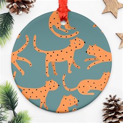 Vector Seamless Pattern With Cute Orange And  Cheetahs On The Blue Background  Tropical Animals Round Ornament (two Sides) by EvgeniiaBychkova