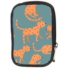 Vector Seamless Pattern With Cute Orange And  Cheetahs On The Blue Background  Tropical Animals Compact Camera Leather Case by EvgeniiaBychkova