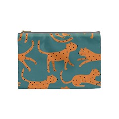 Vector Seamless Pattern With Cute Orange And  Cheetahs On The Blue Background  Tropical Animals Cosmetic Bag (medium) by EvgeniiaBychkova