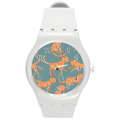 Vector Seamless Pattern With Cute Orange And  Cheetahs On The Blue Background  Tropical Animals Round Plastic Sport Watch (m) by EvgeniiaBychkova