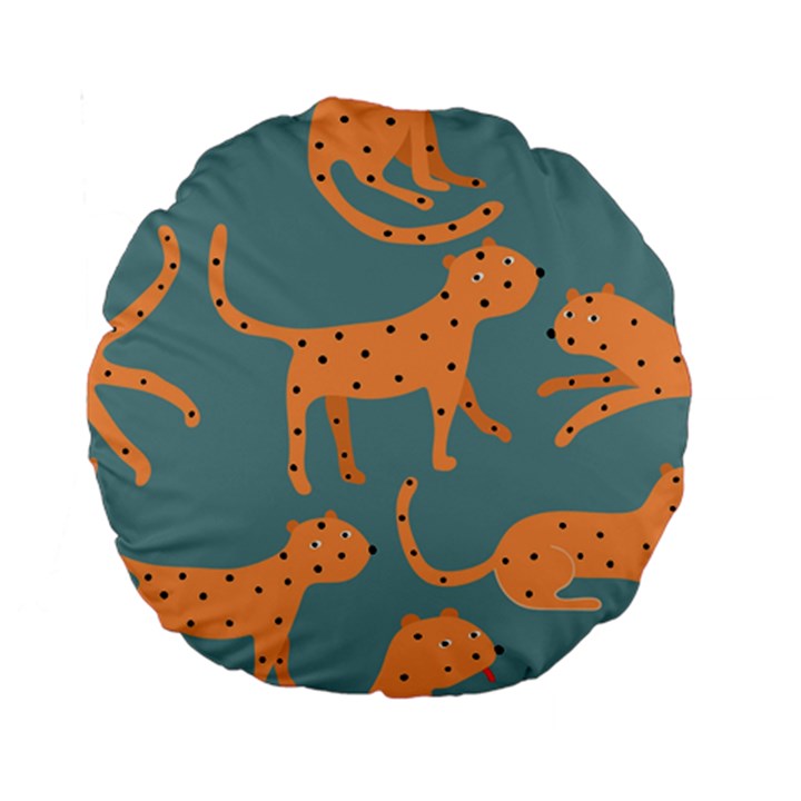 Vector Seamless Pattern With Cute Orange And  Cheetahs On The Blue Background  Tropical Animals Standard 15  Premium Round Cushions